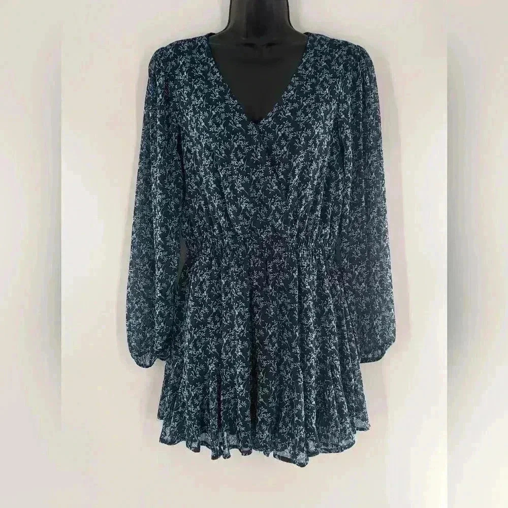 Altar’d State Blue Floral Long Shear Sleeve V Neck Romper Size Small